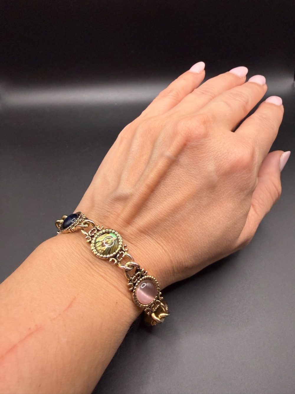 Vintage-Inspired Gold Tone Multi-Stone Bracelet - Green, Pink & Burgundy Accents